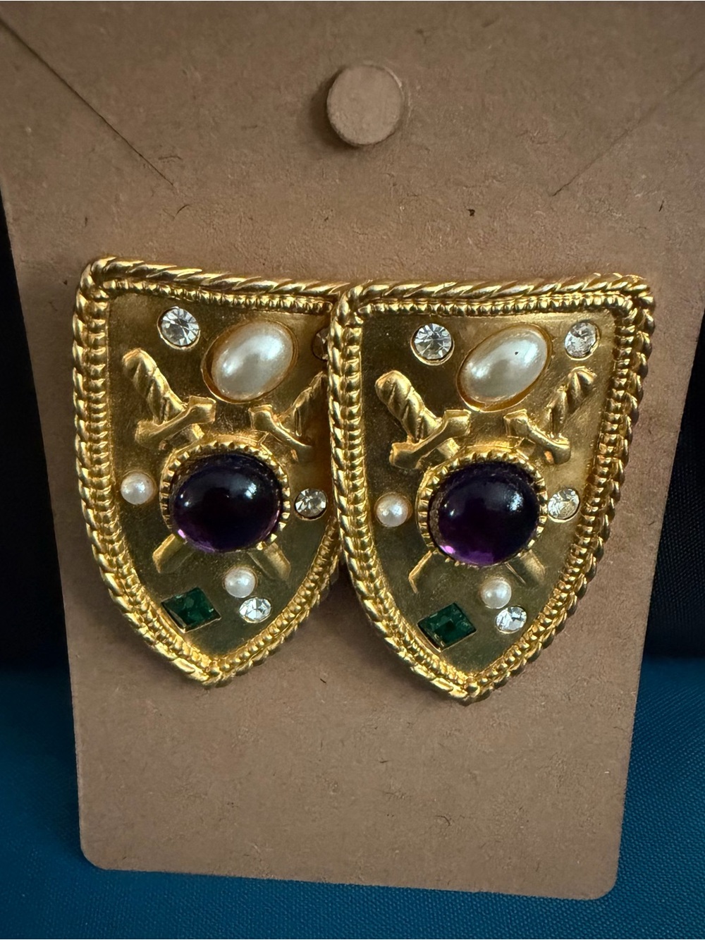 Park Lane Gold-Tone Shield Earrings with Purple Cabochon and Pearl Accents
